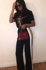 Black with Mustard and White Side Stripe Wide Leg Trousers - Wiley-Trousers