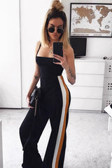 Black with Mustard and White Side Stripe Wide Leg Trousers - Wiley-Trousers