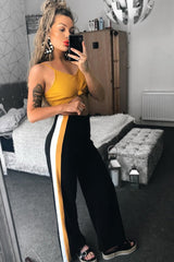 Black with Mustard and White Side Stripe Wide Leg Trousers - Wiley-Trousers