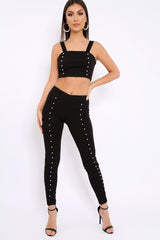 Black with Pearls Crop Top and Trousers Co-ord - Meridith-Co-ords