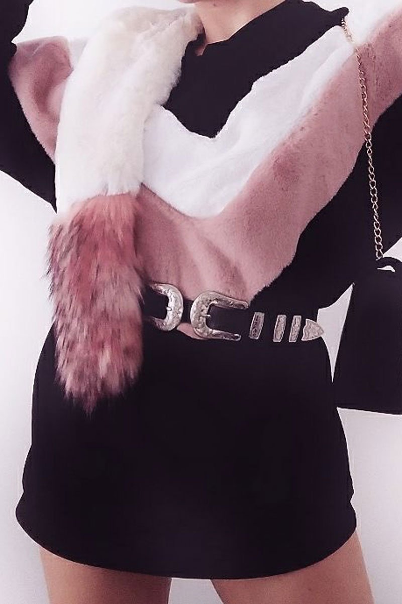 Black with Rose and White Chevron Fur Jumper Dress- Lula-Dresses