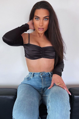 Black Bardot Satin Crop Top - Alana