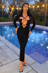 Black Cut Out Neck Side Slit Midi  Dress - Miriam