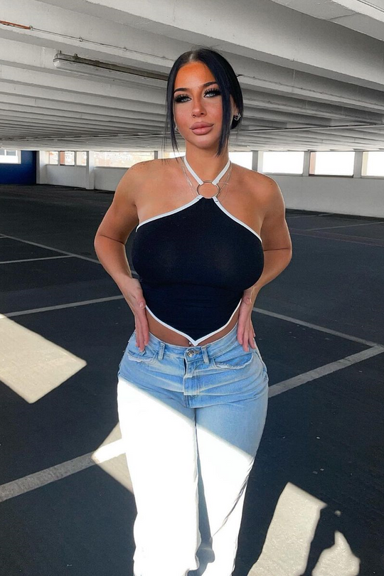 Black Halter Neck Tie Back Bandana Crop Top - Elaine