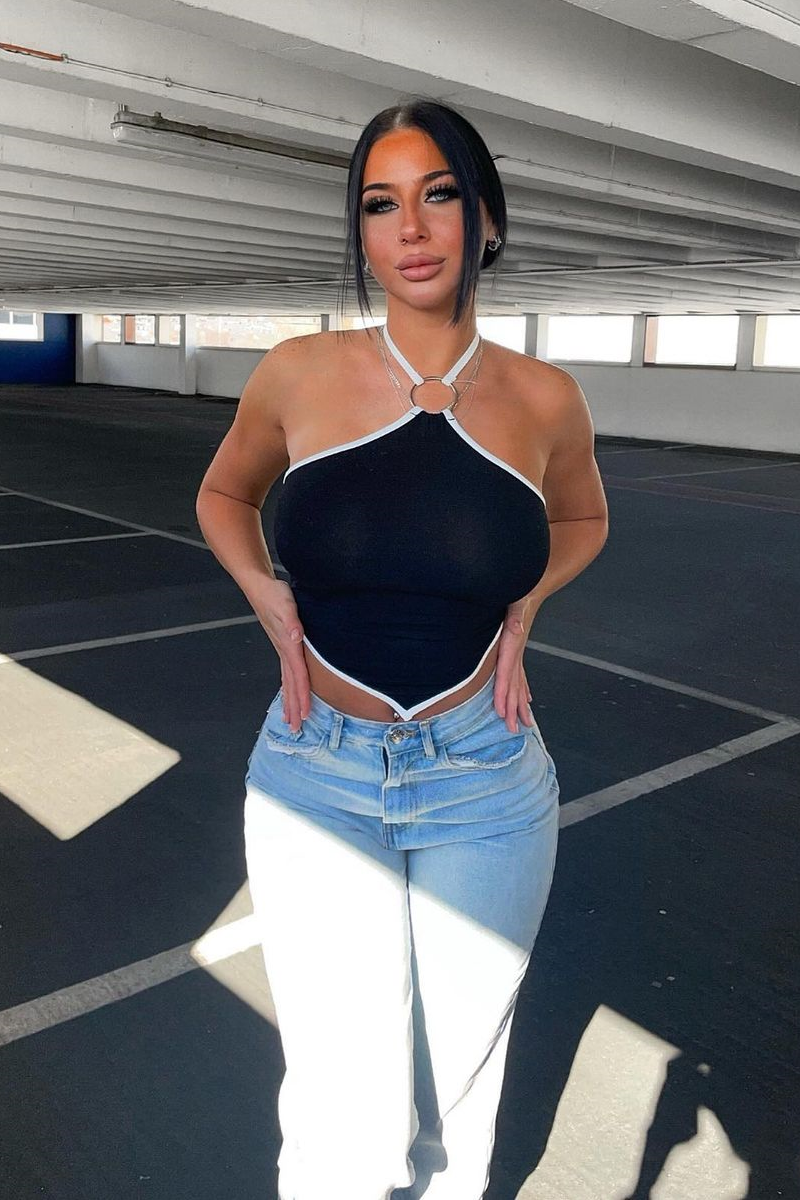 Black Halter Neck Tie Back Bandana Crop Top - Elaine