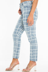 Bleach Wash Denim Check Print Mom Jeans - Jorja-Jeans