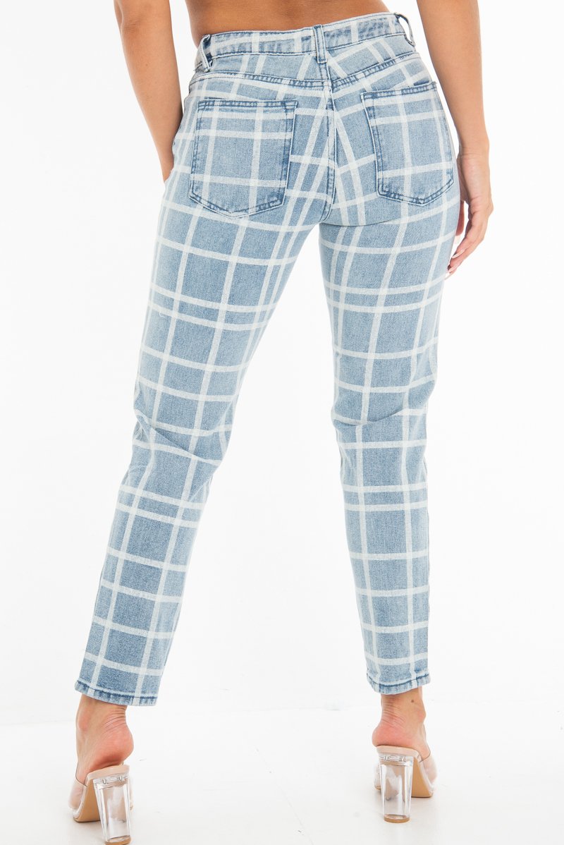 Bleach Wash Denim Check Print Mom Jeans - Jorja-Jeans