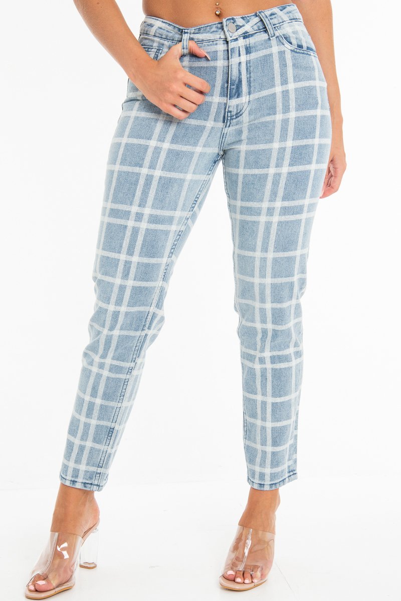 Bleach Wash Denim Check Print Mom Jeans - Jorja-Jeans