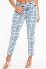 Bleach Wash Denim Check Print Mom Jeans - Jorja-Jeans