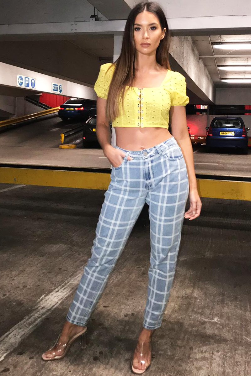 Bleach Wash Denim Check Print Mom Jeans - Jorja-Jeans