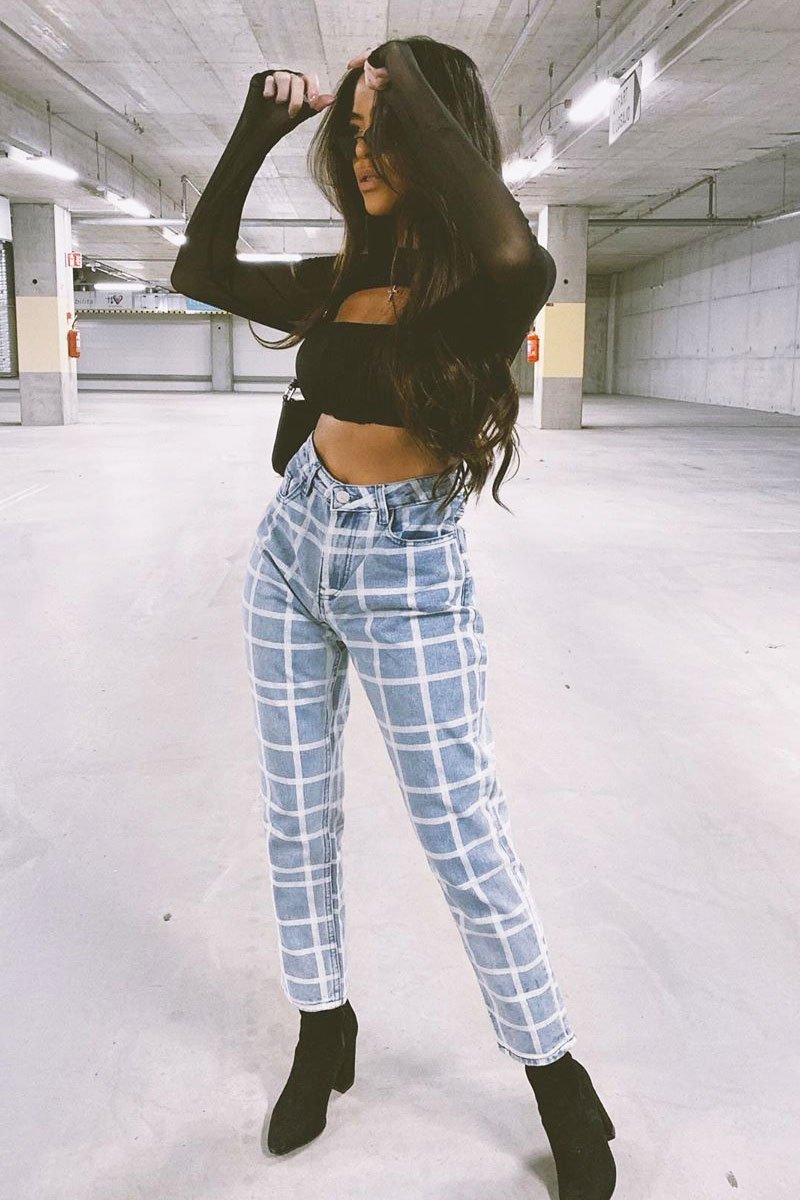 Bleach Wash Denim Check Print Mom Jeans - Jorja-Jeans