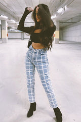 Bleach Wash Denim Check Print Mom Jeans - Jorja-Jeans