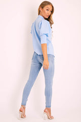 Blue 3/4 Sleeve Button Shirt - Gelila-Shirts