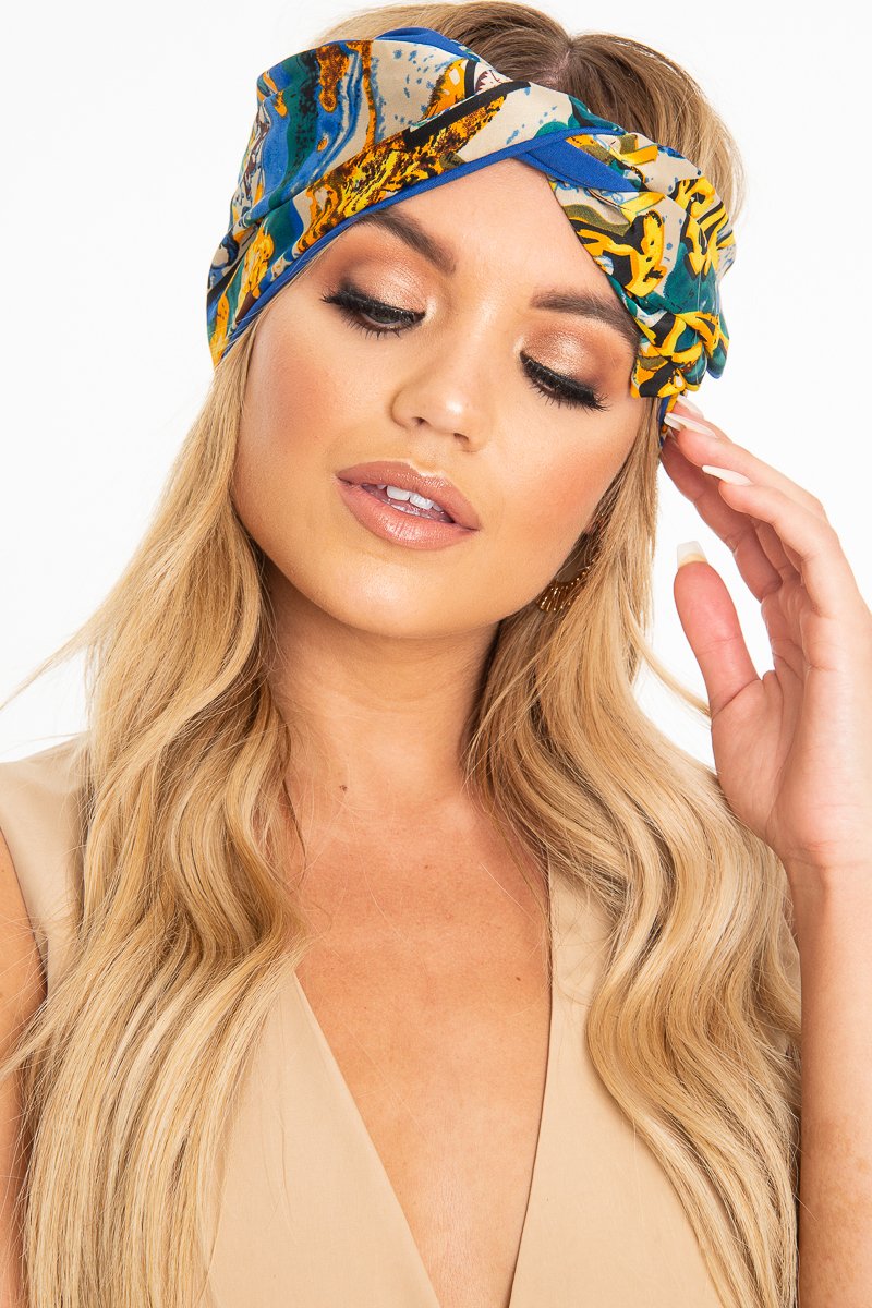 Blue Abstract Print Wired Scarf Headband - Michele-Hair