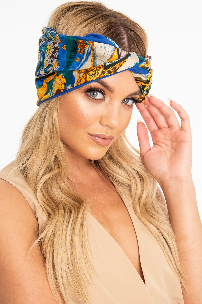 Blue Abstract Print Wired Scarf Headband - Michele-Hair