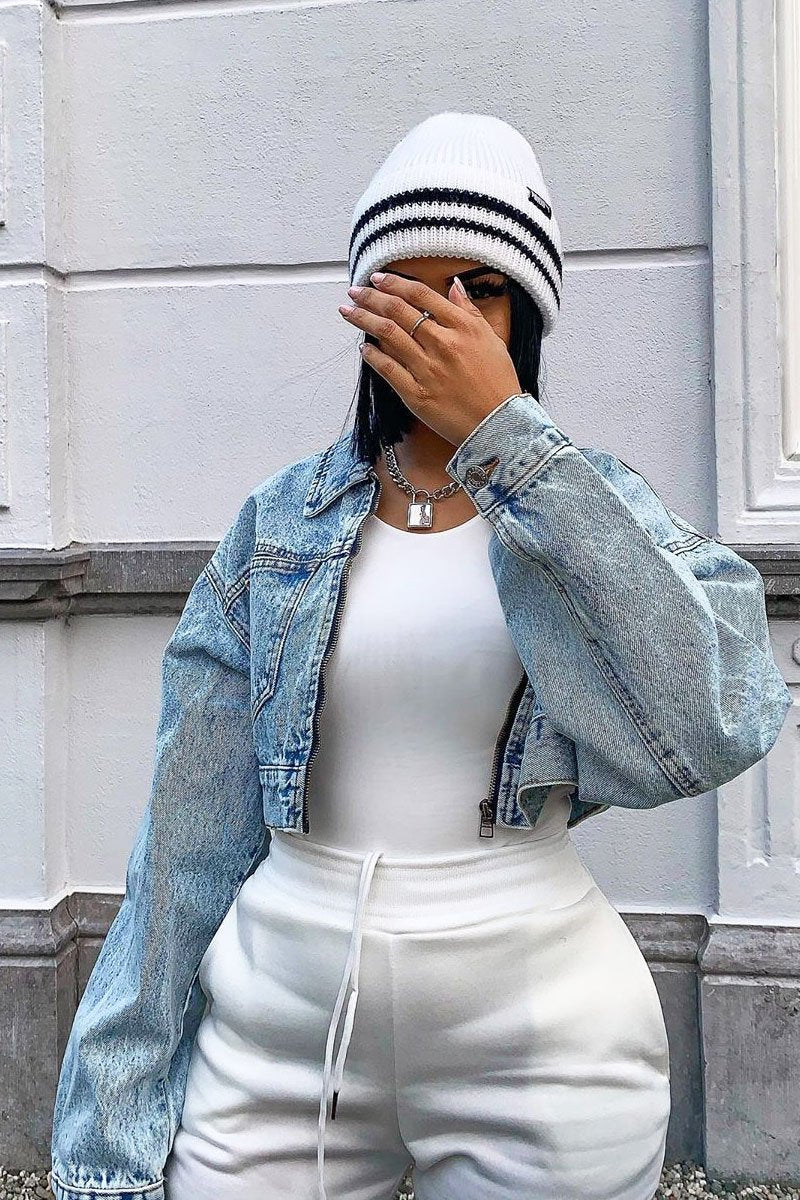Blue Acid Wash Cropped Denim Jacket - Eloise-Jackets