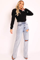 Blue Acid Wash Distressed Side Split Jeans - Carely-Jeans