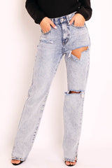 Blue Acid Wash Distressed Side Split Jeans - Carely-Jeans