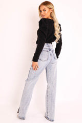 Blue Acid Wash Distressed Side Split Jeans - Carely-Jeans