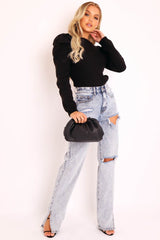 Blue Acid Wash Distressed Side Split Jeans - Carely-Jeans