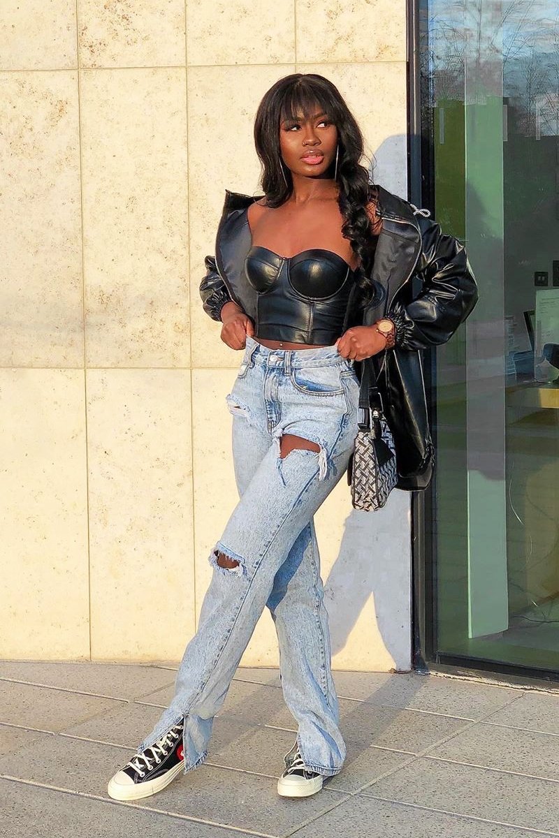 Blue Acid Wash Distressed Side Split Jeans - Carely-Jeans