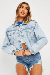 Blue Acid Wash Elasticated Hem Denim Jacket - Freja-Jackets