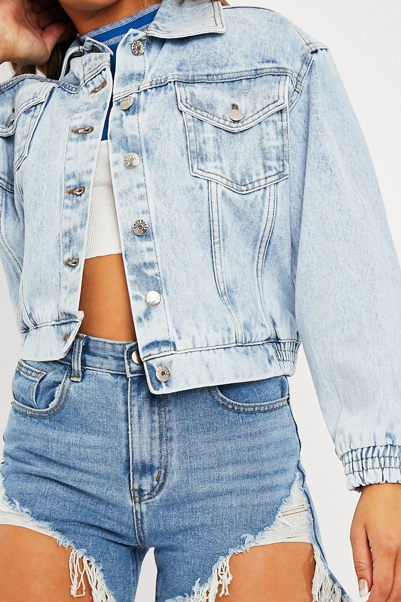 Blue Acid Wash Elasticated Hem Denim Jacket - Freja-Jackets