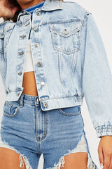 Blue Acid Wash Elasticated Hem Denim Jacket - Freja-Jackets