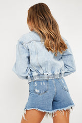 Blue Acid Wash Elasticated Hem Denim Jacket - Freja-Jackets