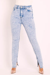 Blue Acid Wash Split Hem Skinny Jeans - Wendi-Jeans