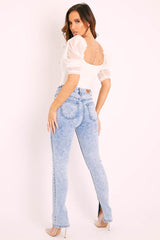 Blue Acid Wash Split Hem Skinny Jeans - Wendi-Jeans
