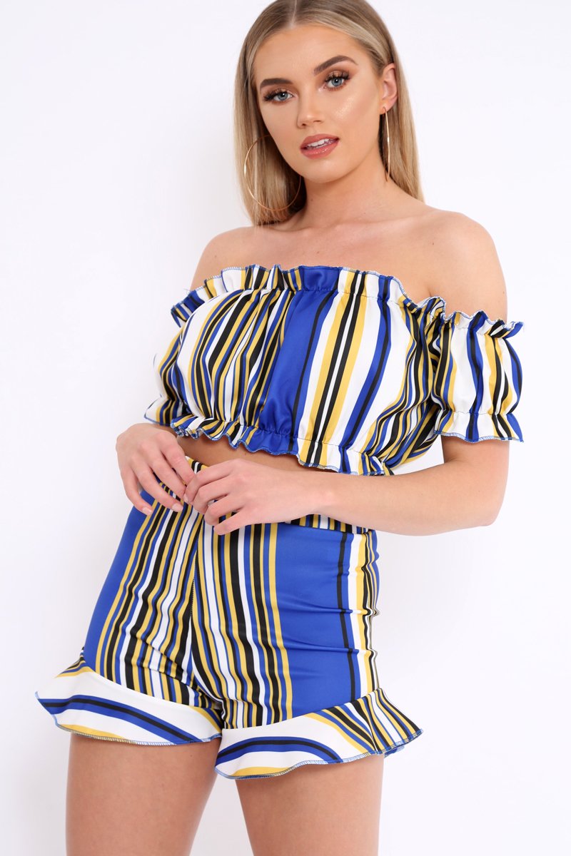 Blue And Mustard Stripe Ruffle Bardot Bralet And Shorts Co-ord - Zia-Co-ords