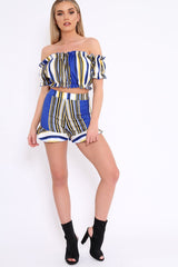 Blue And Mustard Stripe Ruffle Bardot Bralet And Shorts Co-ord - Zia-Co-ords