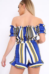 Blue And Mustard Stripe Ruffle Bardot Bralet And Shorts Co-ord - Zia-Co-ords