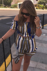 Blue And Mustard Stripe Ruffle Bardot Bralet And Shorts Co-ord - Zia-Co-ords