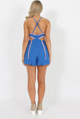 Blue And Pink Cut Out Embroidered Playsuit - Raven-Playsuits
