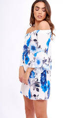 Blue And White Floral Bell Sleeved Bardot Dress - Cheynie-Dresses