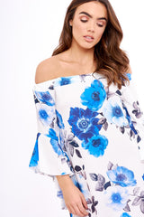 Blue And White Floral Bell Sleeved Bardot Dress - Cheynie-Dresses