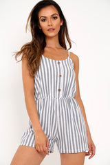 Blue And White Stripe Button Front Playsuit - Aaryn-Playsuits