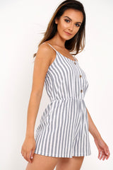 Blue And White Stripe Button Front Playsuit - Aaryn-Playsuits