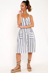 Blue And White Stripe Button Up Dress - Lilyanne-Dresses