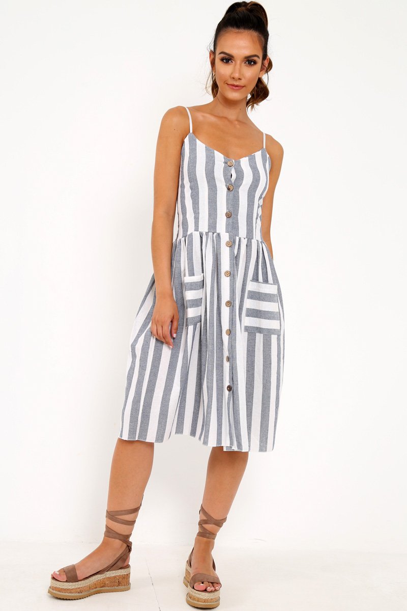 Blue And White Stripe Button Up Dress - Lilyanne-Dresses