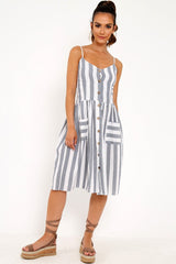 Blue And White Stripe Button Up Dress - Lilyanne-Dresses