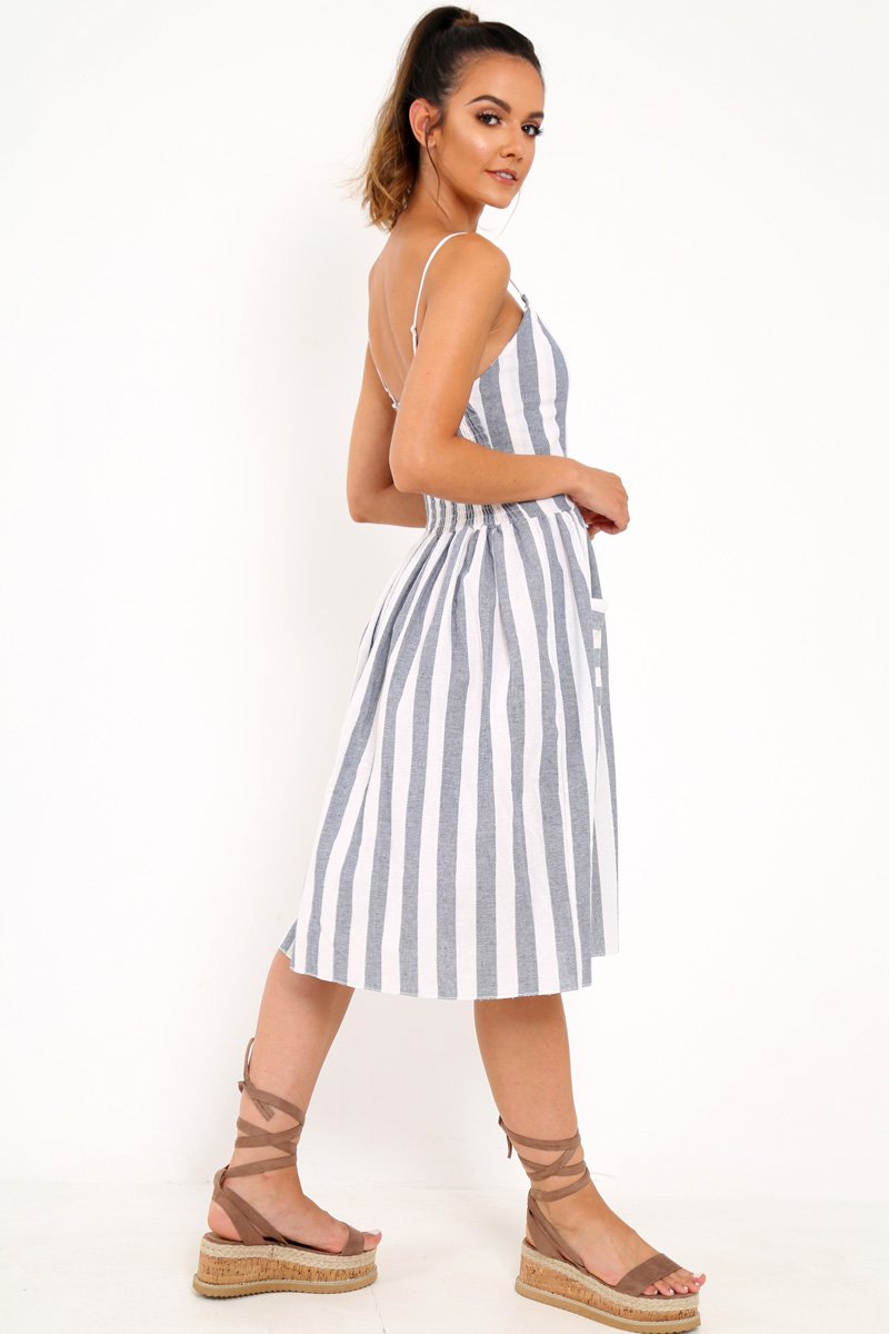 Blue And White Stripe Button Up Dress - Lilyanne-Dresses