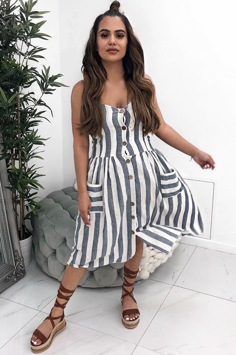 Blue And White Stripe Button Up Dress - Lilyanne-Dresses