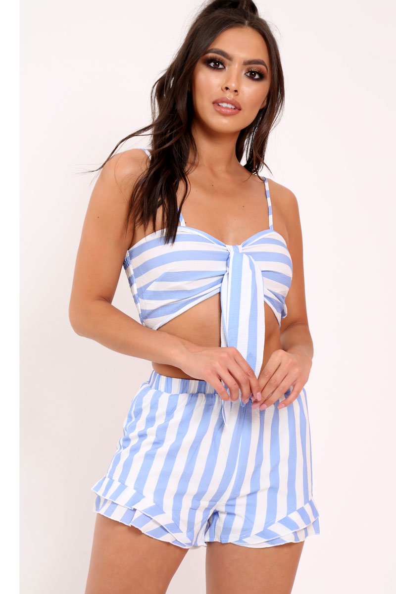 Blue And White Striped Crop Top And Shorts Co-ord - Freida-Co-ords