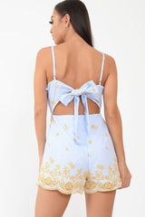 Blue And White Striped Tie Back Embroidery Playsuit - Renita-Playsuits