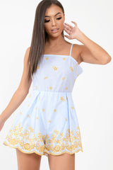 Blue And White Striped Tie Back Embroidery Playsuit - Renita-Playsuits