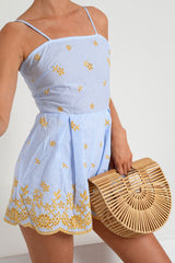 Blue And White Striped Tie Back Embroidery Playsuit - Renita-Playsuits