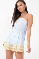 Blue And White Striped Tie Back Embroidery Playsuit - Renita-Playsuits